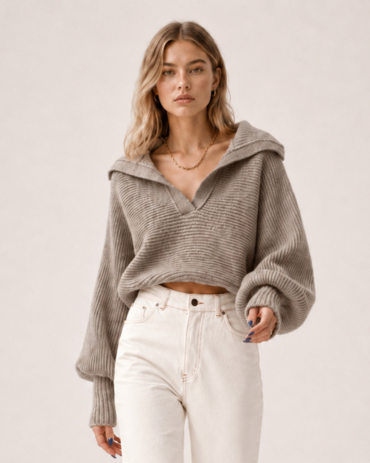 Women's Cropped Jumper Half Zip Chunky Knit Style