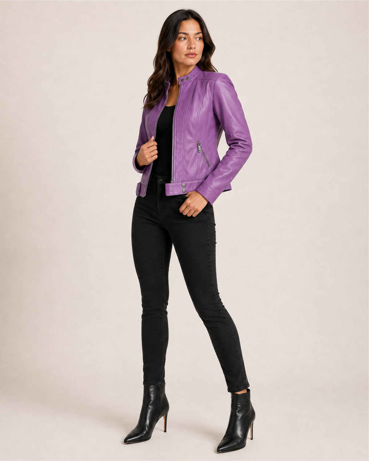 Women's Brown Faux Leather Jacket – Fitted Zip-Up Style