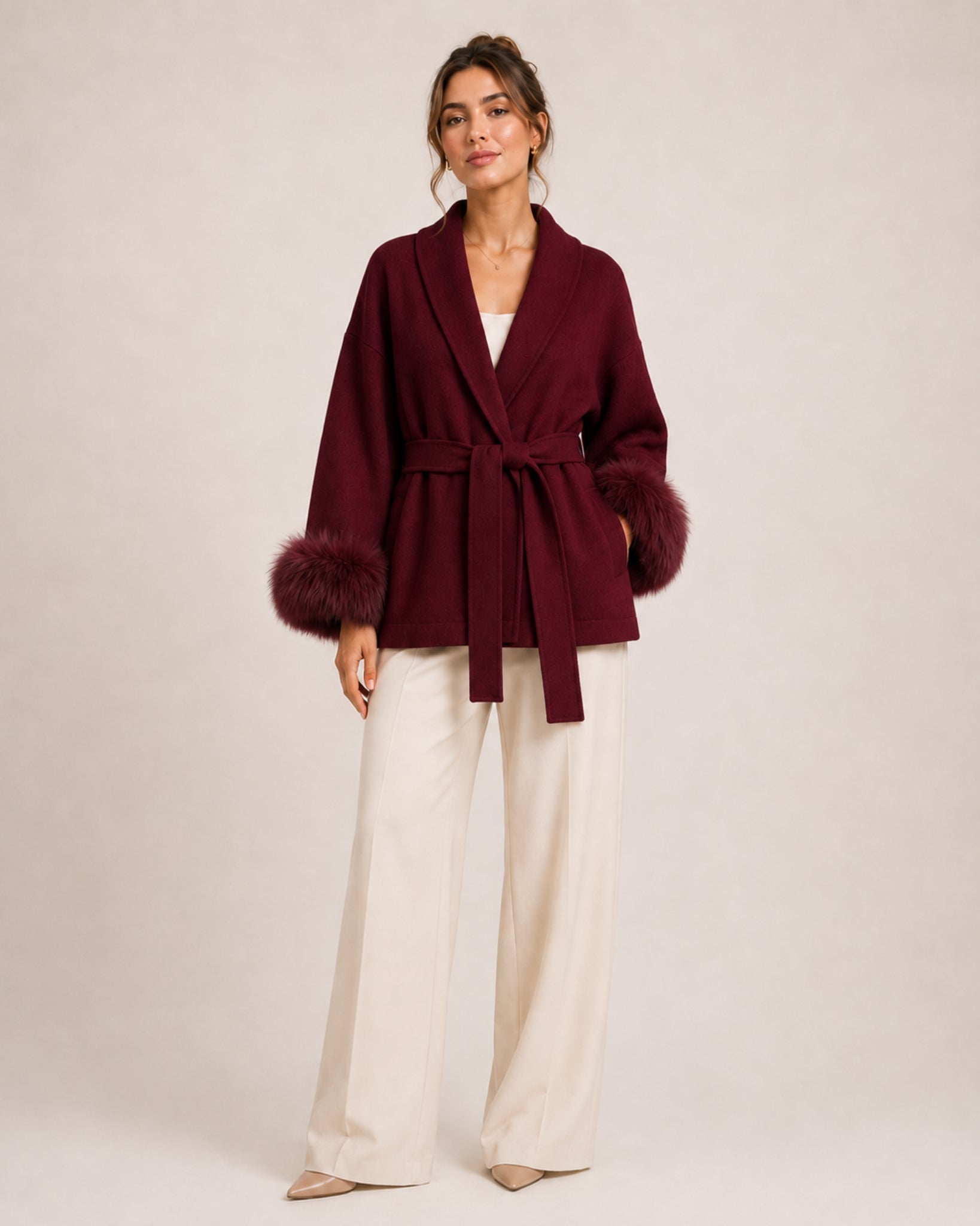 Women's Short Belted Coat with Faux Fur Cuffs