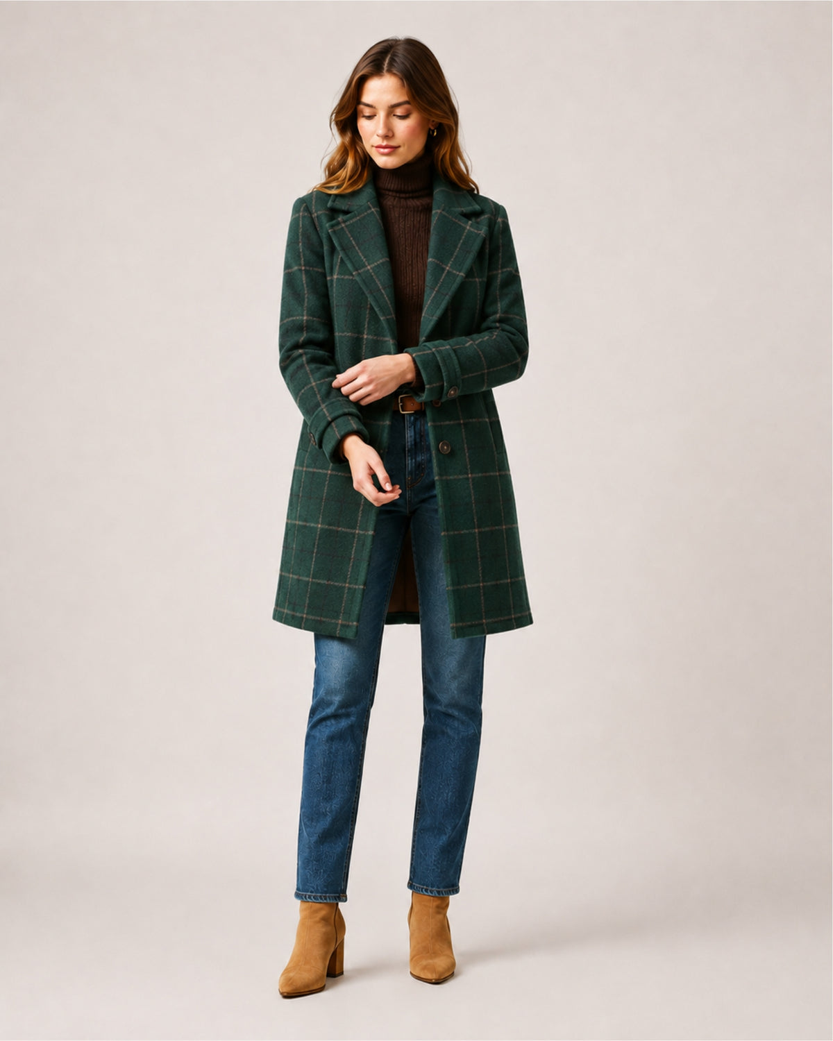 Women's Checked Coat Long Tailored Button Front Style