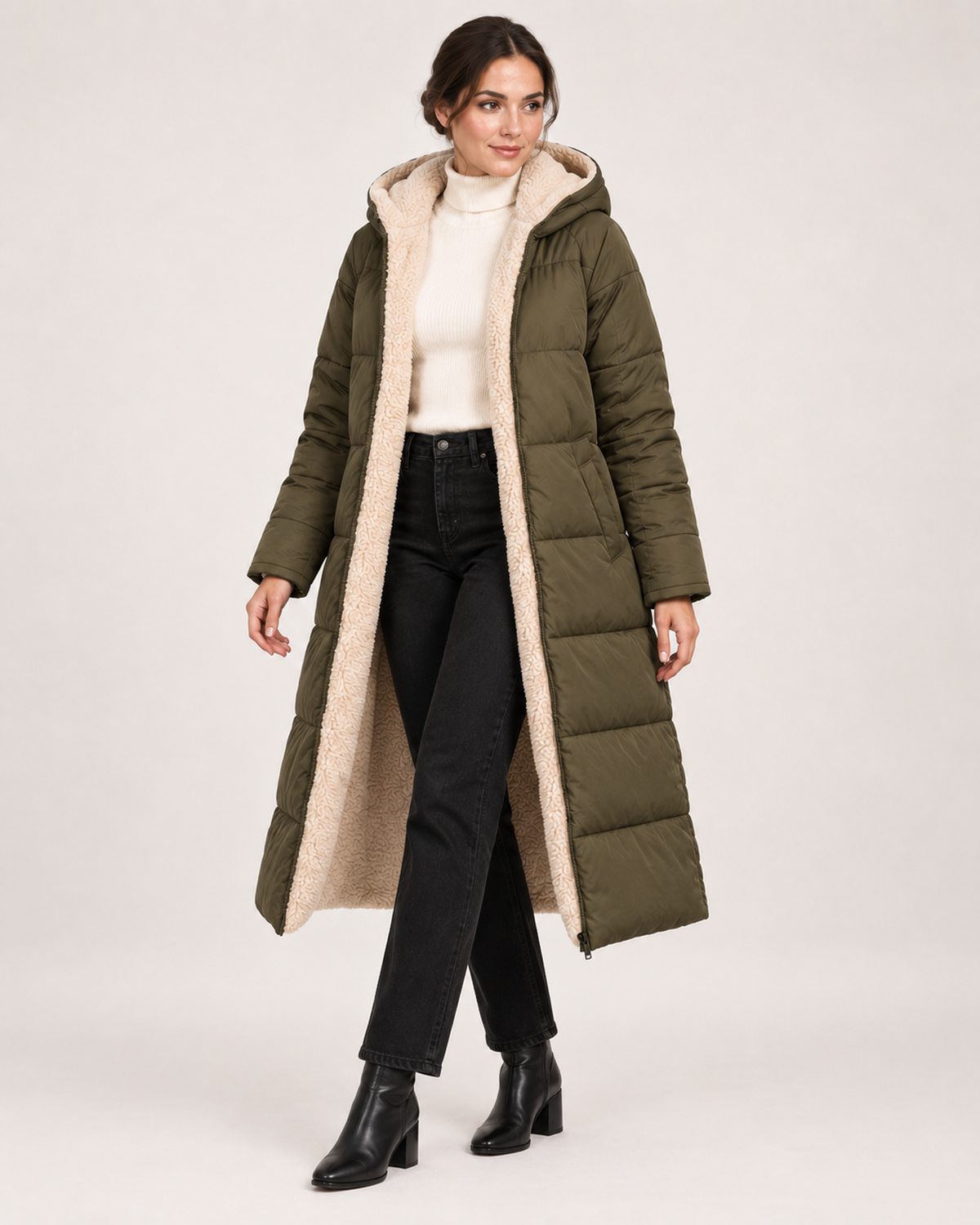 Women’s khaki long puffer coat open front product view