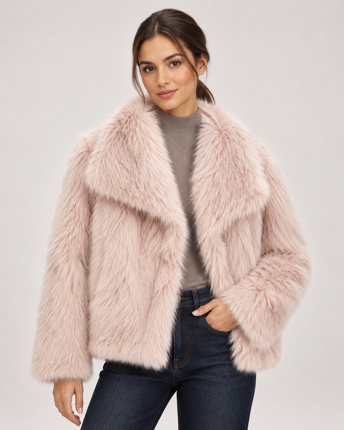 Women’s pink faux fur jacket front product view