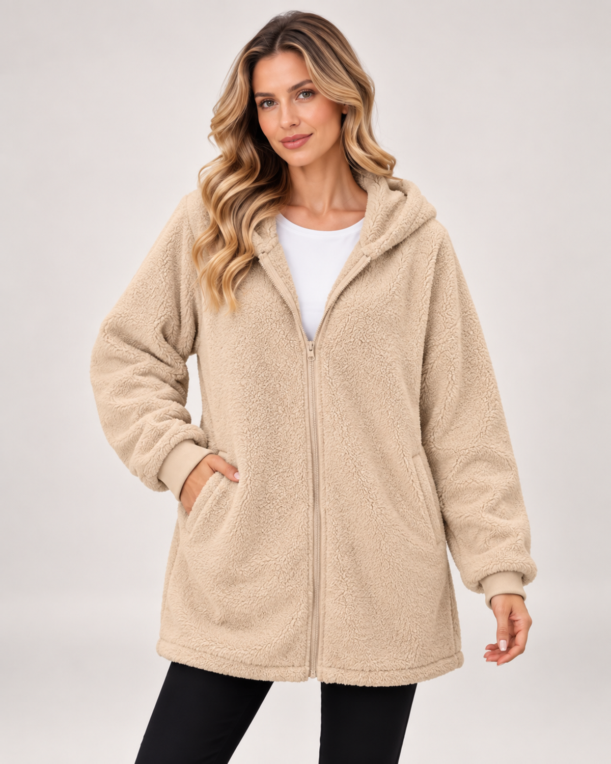 Women’s Fleece Jacket with Hood and Zip Front in Beige, short outerwear product focus view