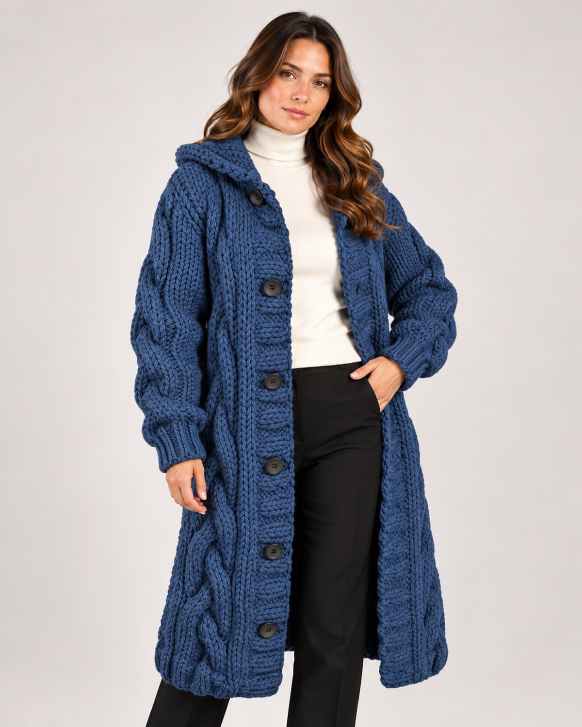 Women’s Longline Cardigan with Cable Knit and Hood in Blue, full body view