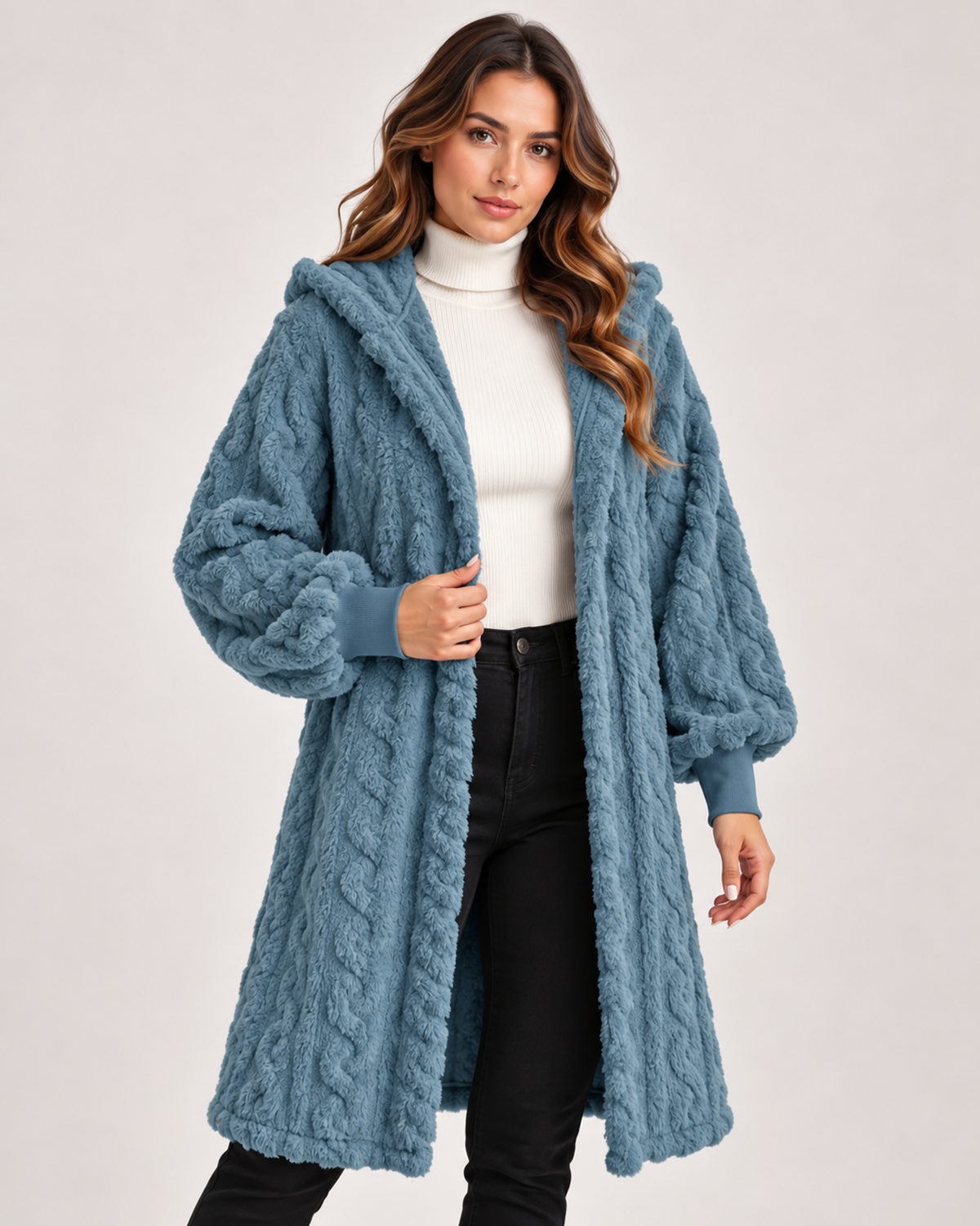 Women’s Longline Cardigan with Hood and Cable Texture in Blue, full body view