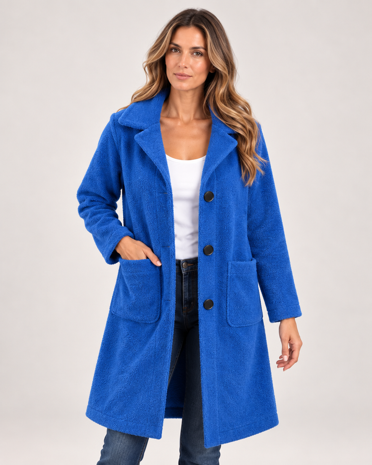 Women’s Longline Cardigan with Button Front and Pockets in Blue, full body view