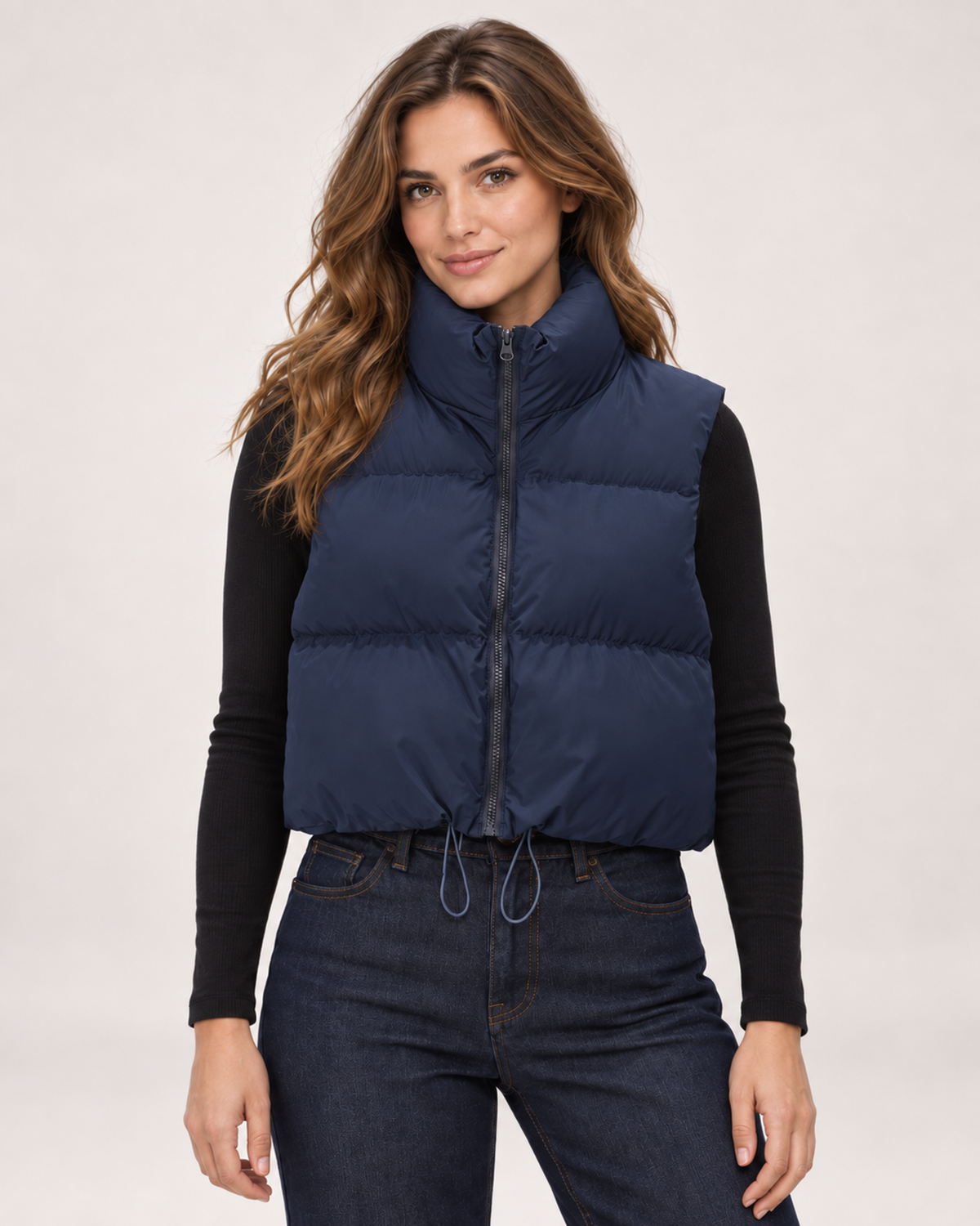 Women’s Puffer Gilet with Cropped Shape and Stand Collar in Blue, short outerwear product focus view