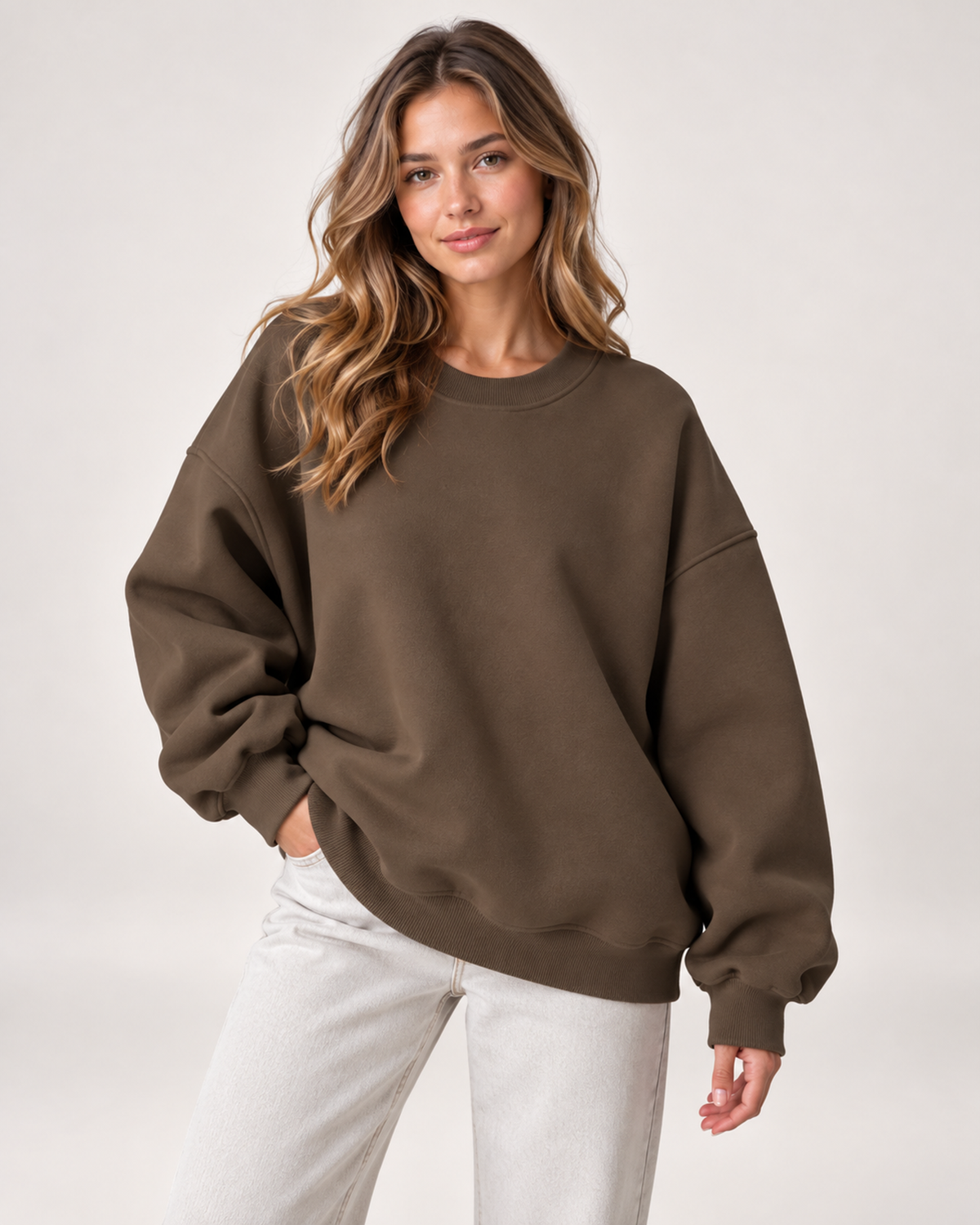 Women’s Oversized Sweatshirt with Crew Neck in Brown, upper body product focus view