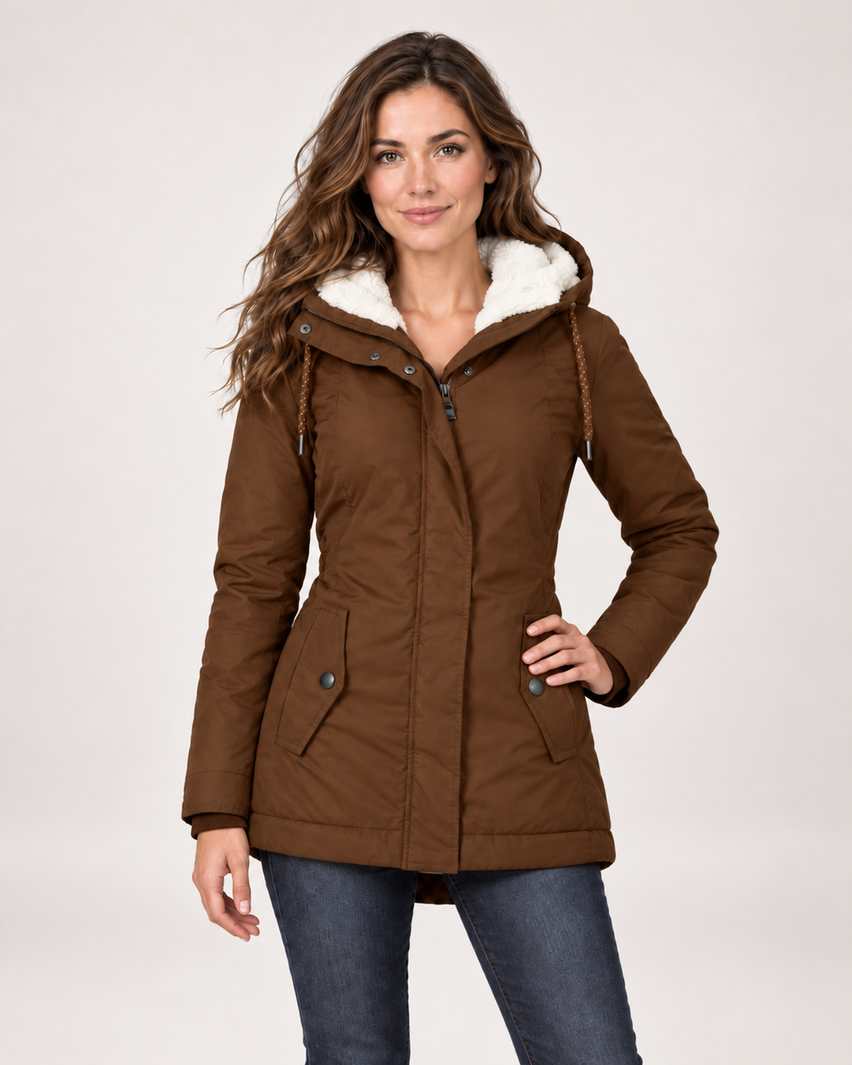 Women’s Fleece Lined Jacket with Hood and Zip Front in Brown, short outerwear product focus view