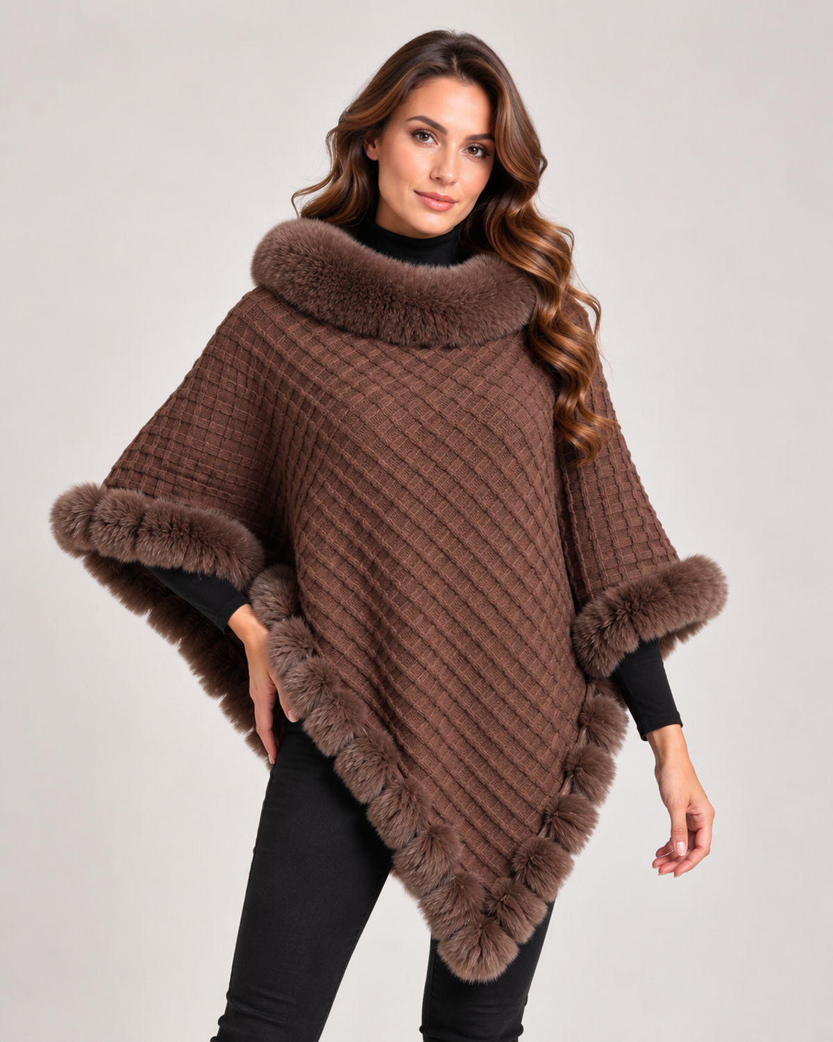 Women’s Cape Coat with Faux Fur Trim in Brown, short outerwear product focus view