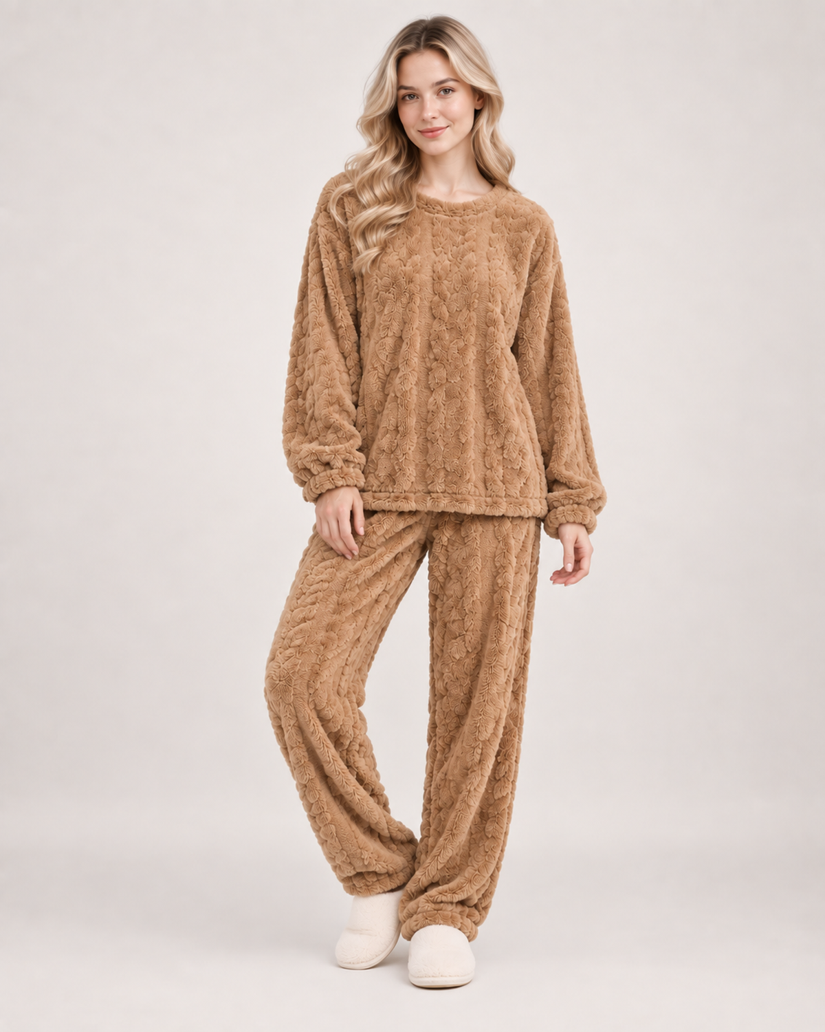 Women’s Pyjamas with Flannel Cable Pattern in Brown, lower body product focus view