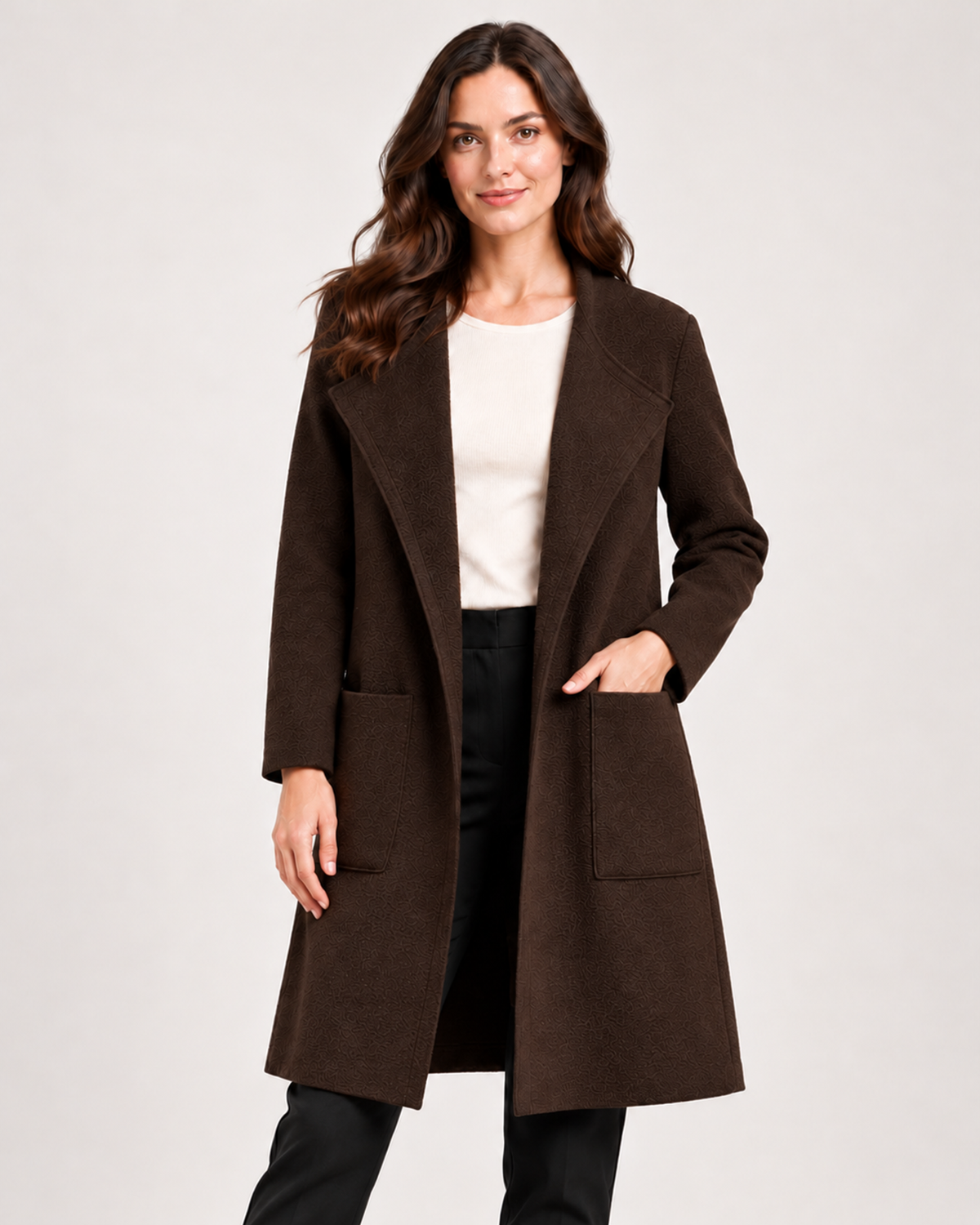Women's Coatigan with Lapel Collar and Pockets dark brown close variant view