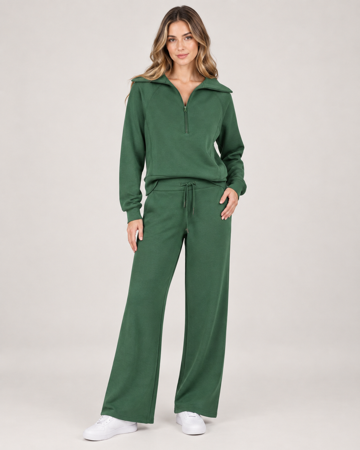 Women’s Tracksuit Set with Half-Zip Top and Wide-Leg Trousers in Green, full body view