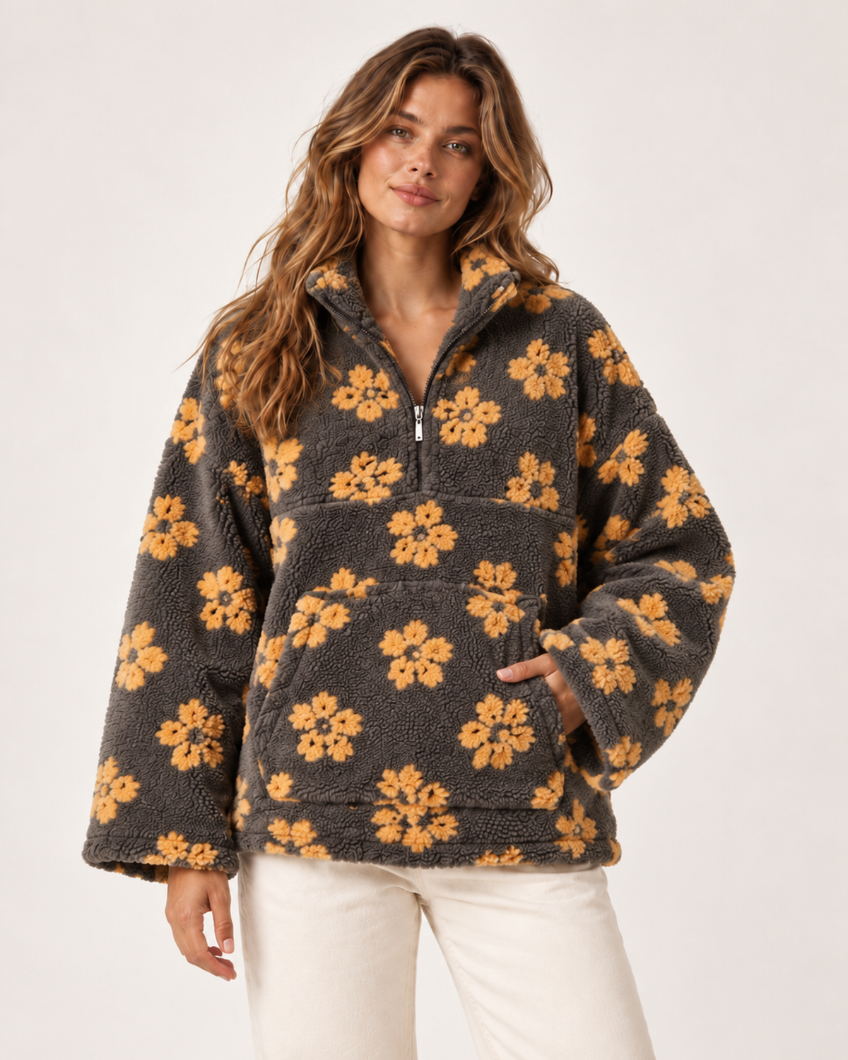 Women’s Borg Jacket with Floral Pattern and Half Zip in Grey Mustard Floral, short outerwear product focus view