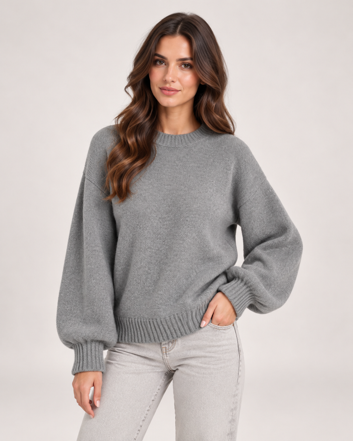 Women’s Crew Neck Jumper with Balloon Sleeves in Grey, upper body product focus view