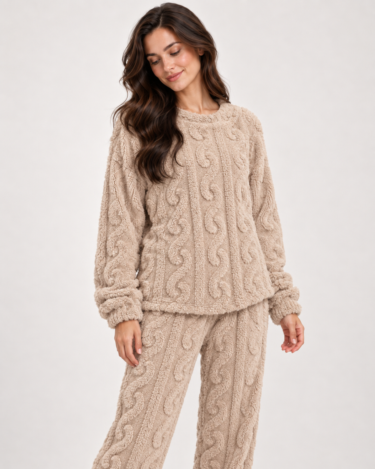 Women’s Fleece Pyjamas with Cable Pattern in Khaki, lower body product focus view