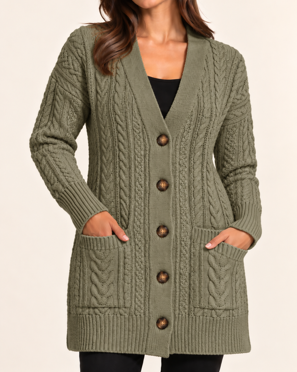 Women's khaki cable knit button front coatigan close variant view