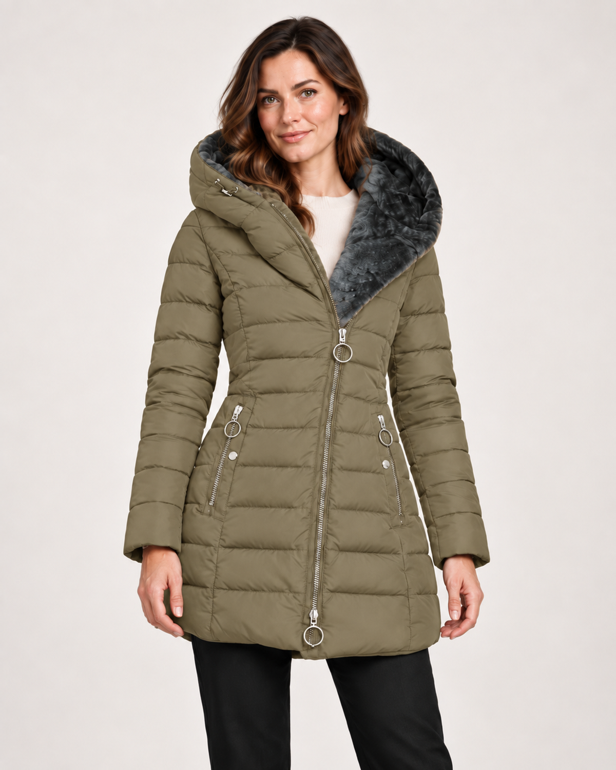 Women’s Long Puffer Jacket with Hood and Asymmetric Zip in Khaki, short outerwear product focus view