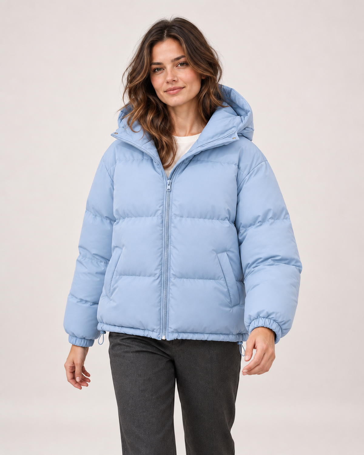Women’s Puffer Jacket with Hood and Zip Front in Light Blue, short outerwear product focus view