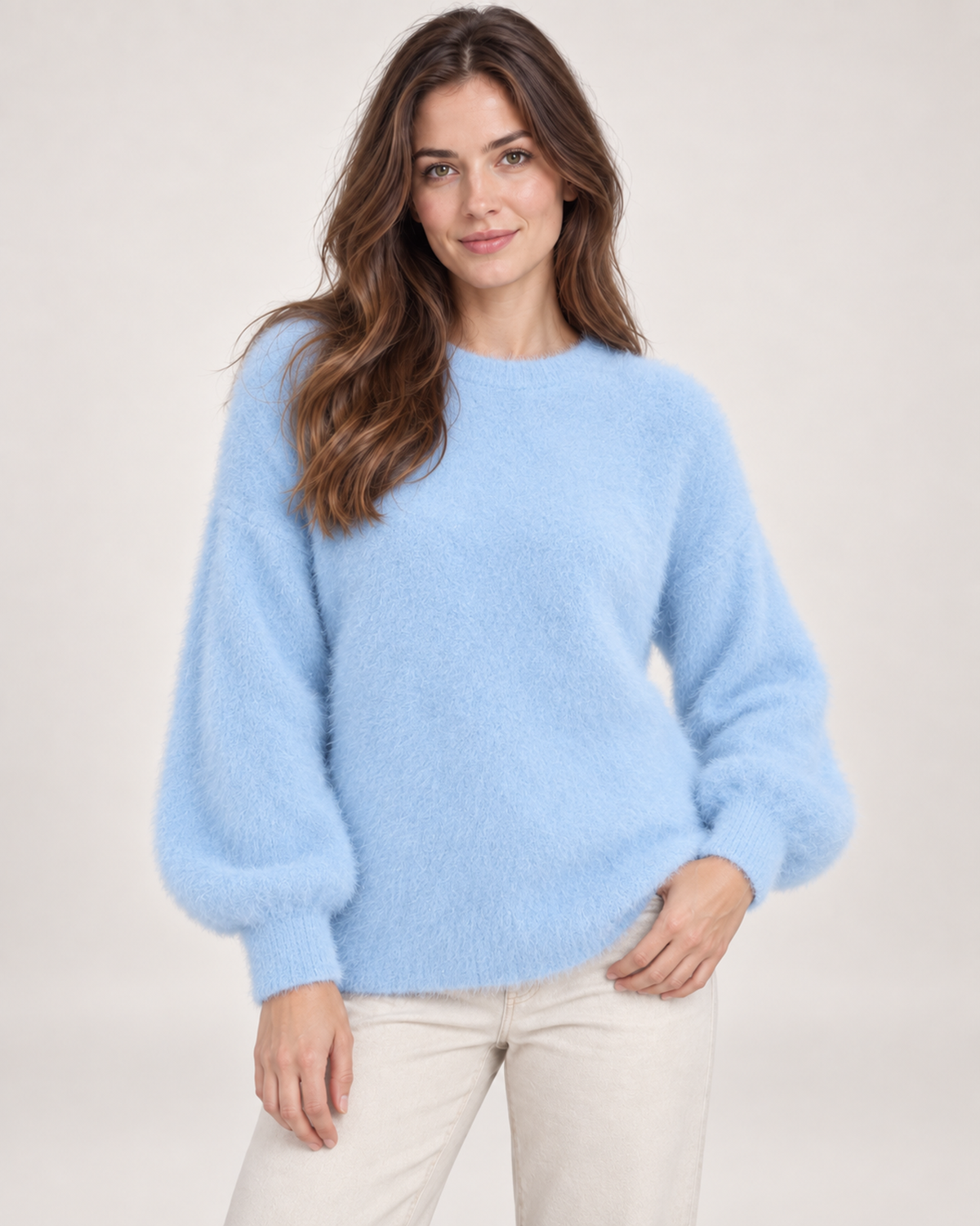 Women’s Fluffy Jumper with Crew Neck in Light Blue, upper body product focus view
