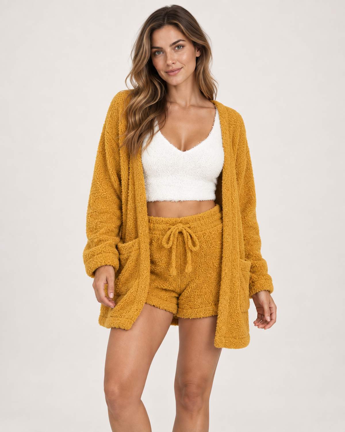 Women’s Pyjama Set with Cardigan, Vest and Shorts in Mustard Yellow, lower body product focus view