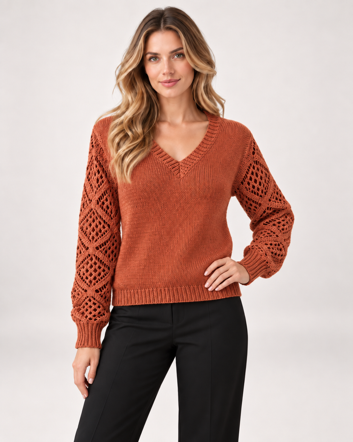 Women’s V Neck Jumper with Openwork Sleeves in Orange, upper body product focus view