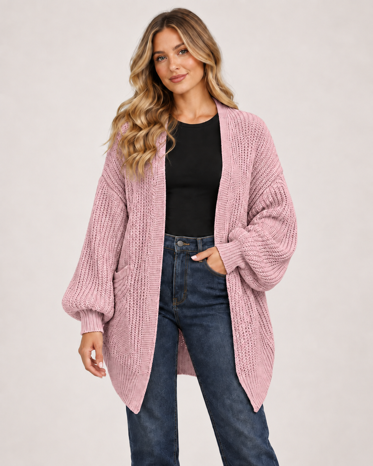 Women’s Balloon Sleeve Cardigan with Chunky Knit in Pink, upper body product focus view
