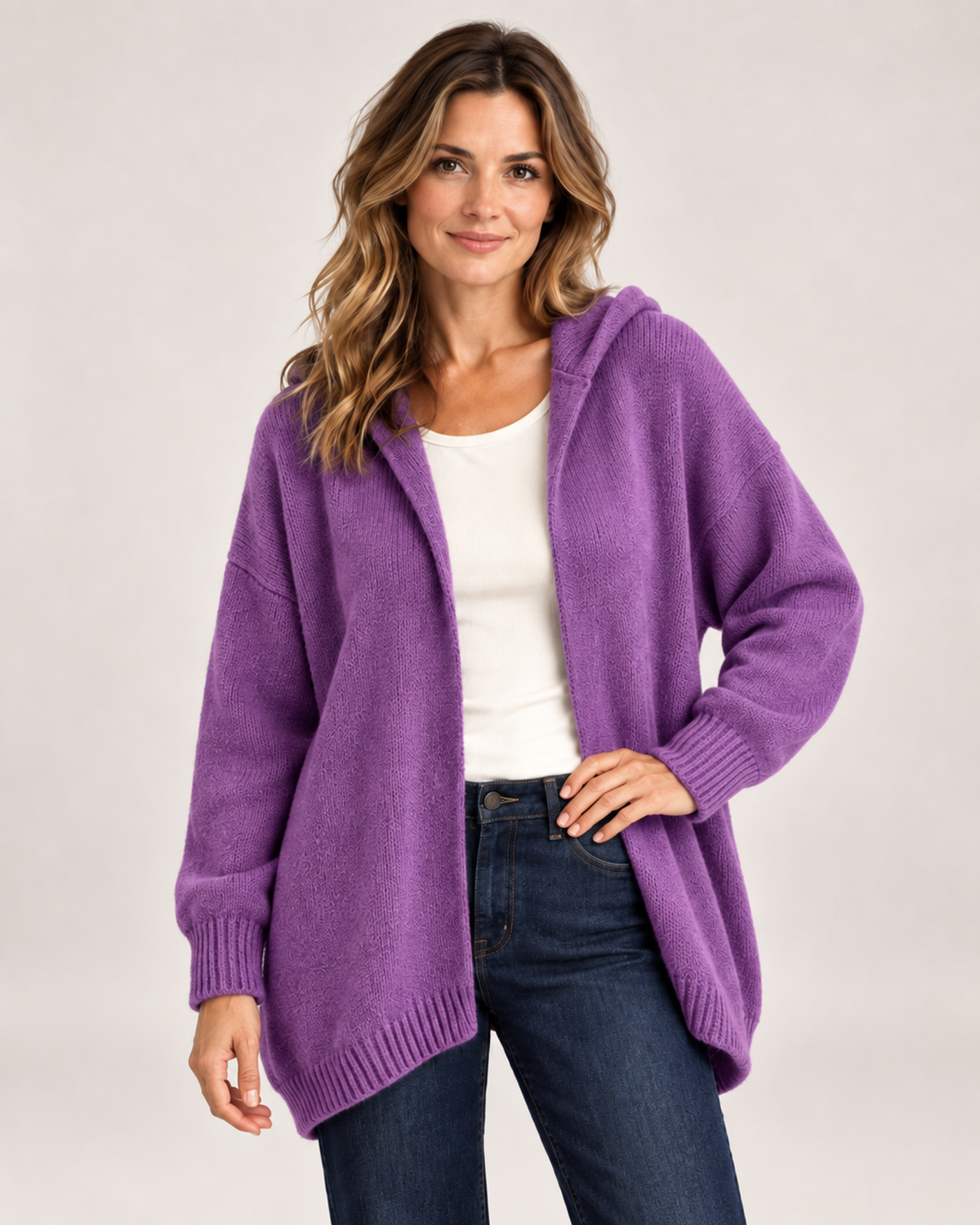 Women’s Hooded Cardigan with Knitted Finish in Purple, upper body product focus view