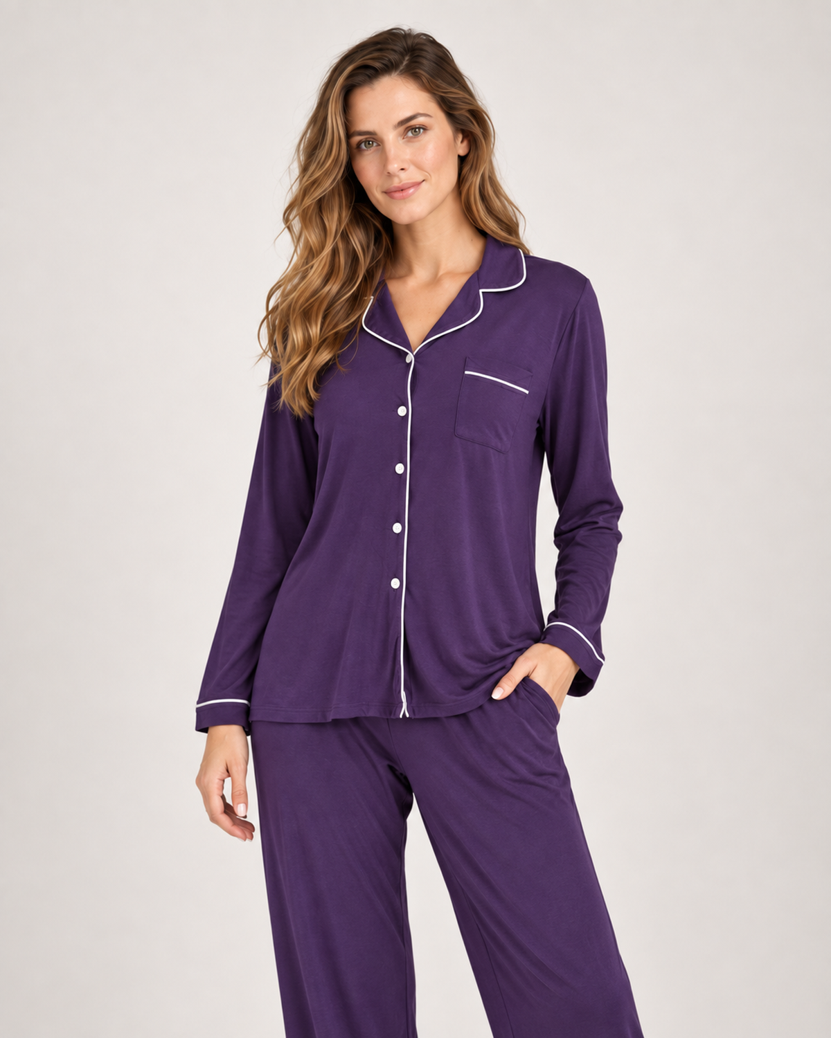 Women’s Pyjama Set in Modal with Contrast Piping in Purple, lower body product focus view