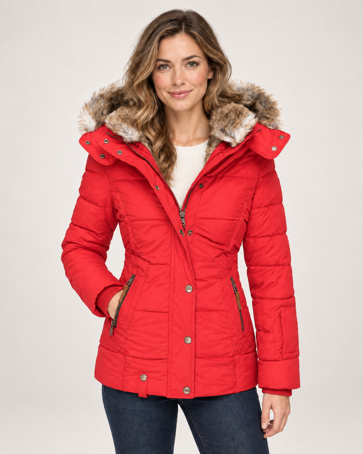 Women’s Puffer Jacket with Faux Fur Hood in Red, short outerwear product focus view