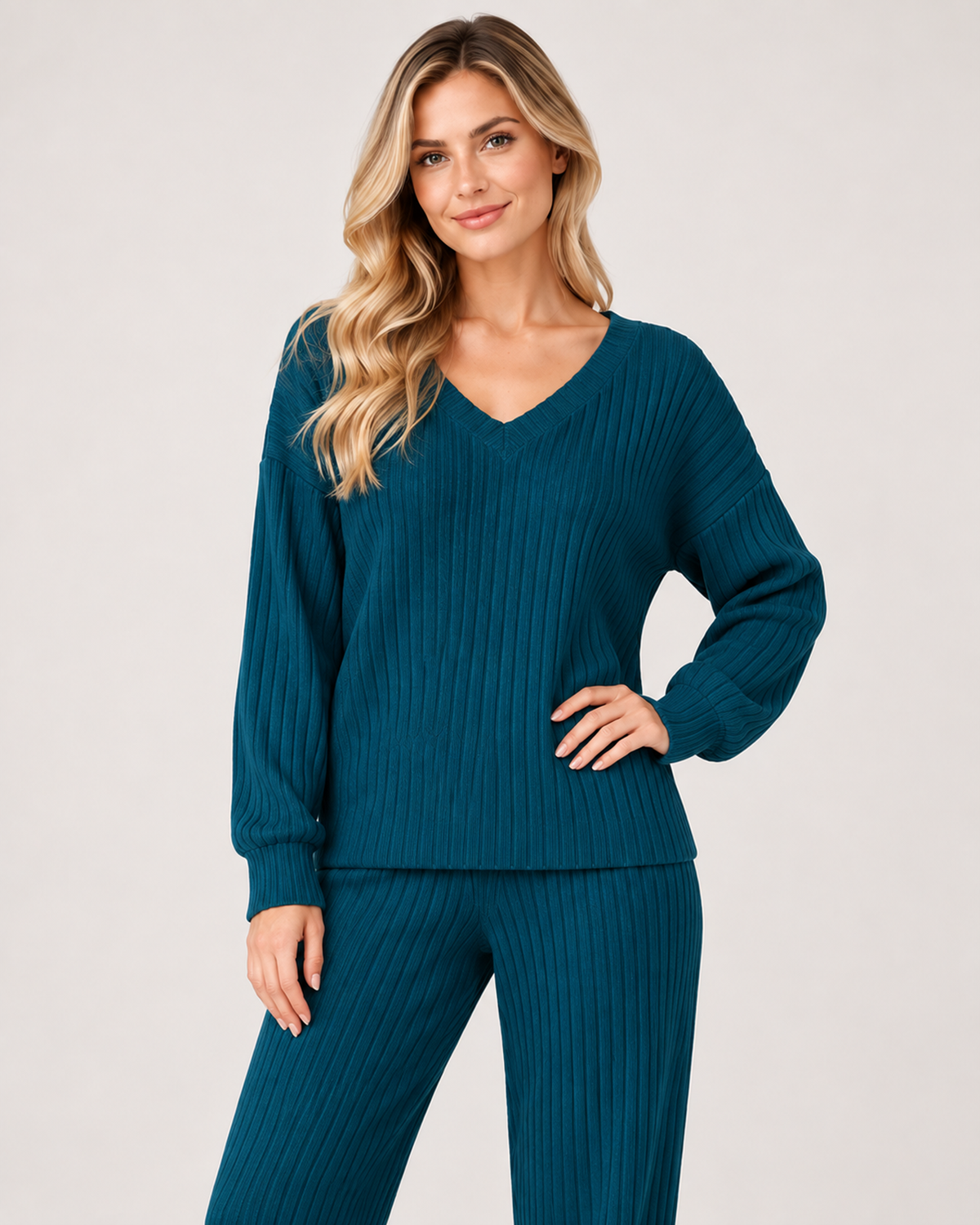 Women’s Loungewear Set with Ribbed Finish and V Neck in Teal, lower body product focus view