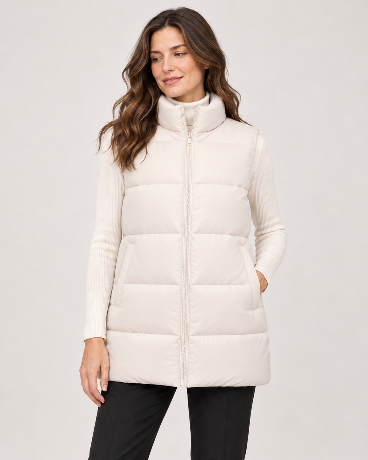 Women’s Puffer Gilet with Longline Shape and Stand Collar in White, full body view