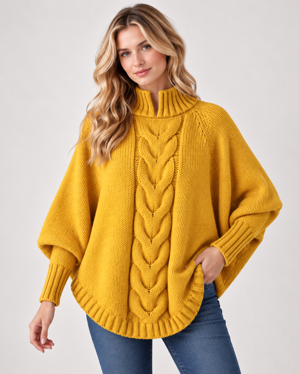 Women’s Cable Knit Jumper with High Neck and Batwing Sleeves in Yellow, upper body product focus view