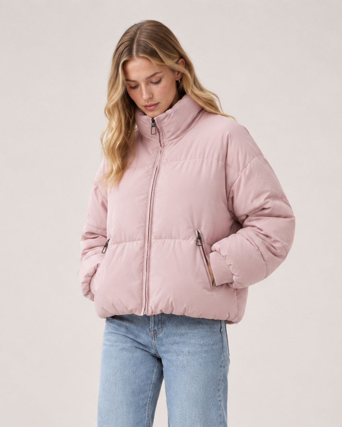 Women's Cropped Puffer Jacket with High Neck and Ribbed Cuffs