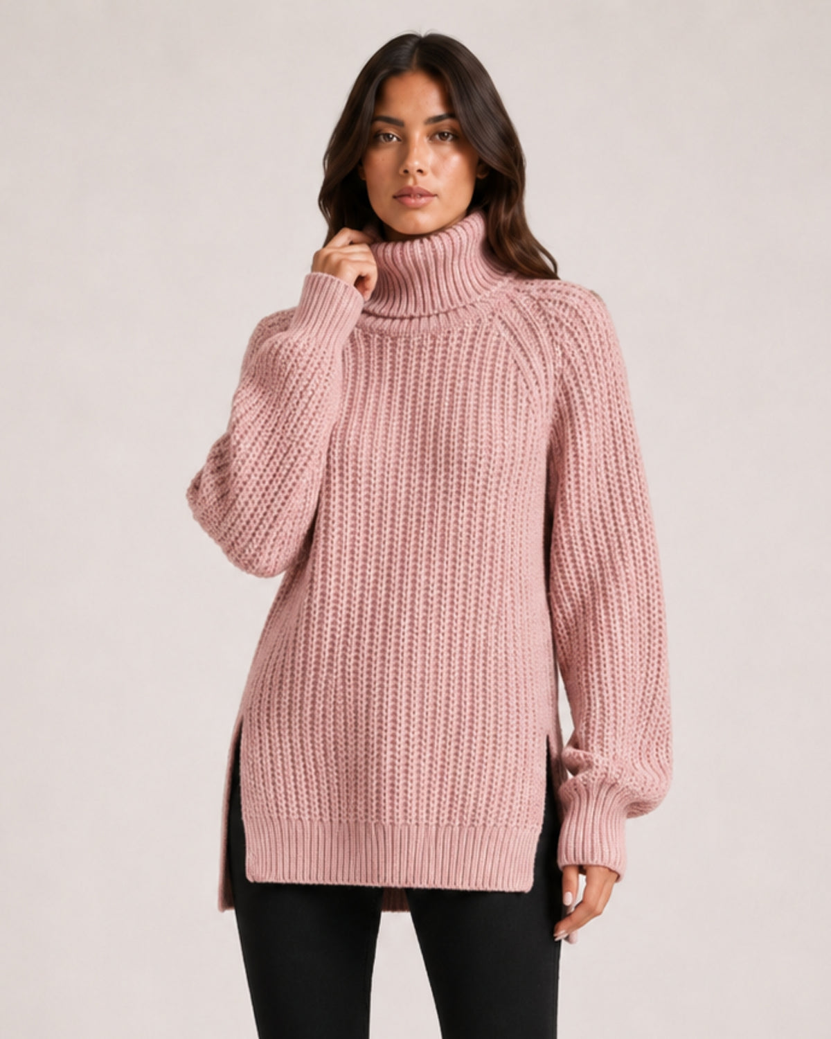 Women's Chunky Knit Roll Neck Jumper with Side Splits
