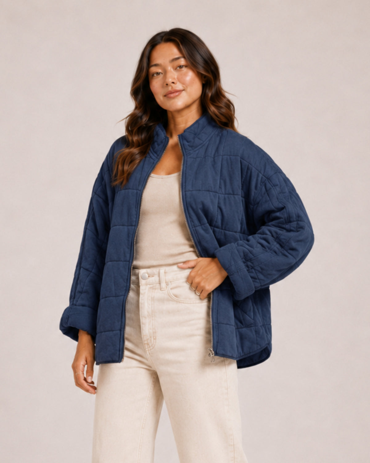 Women's Green Quilted Jacket – Relaxed Zip-Up Style