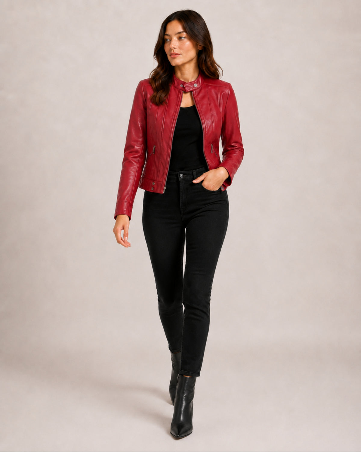 Women's Brown Faux Leather Jacket – Fitted Zip-Up Style