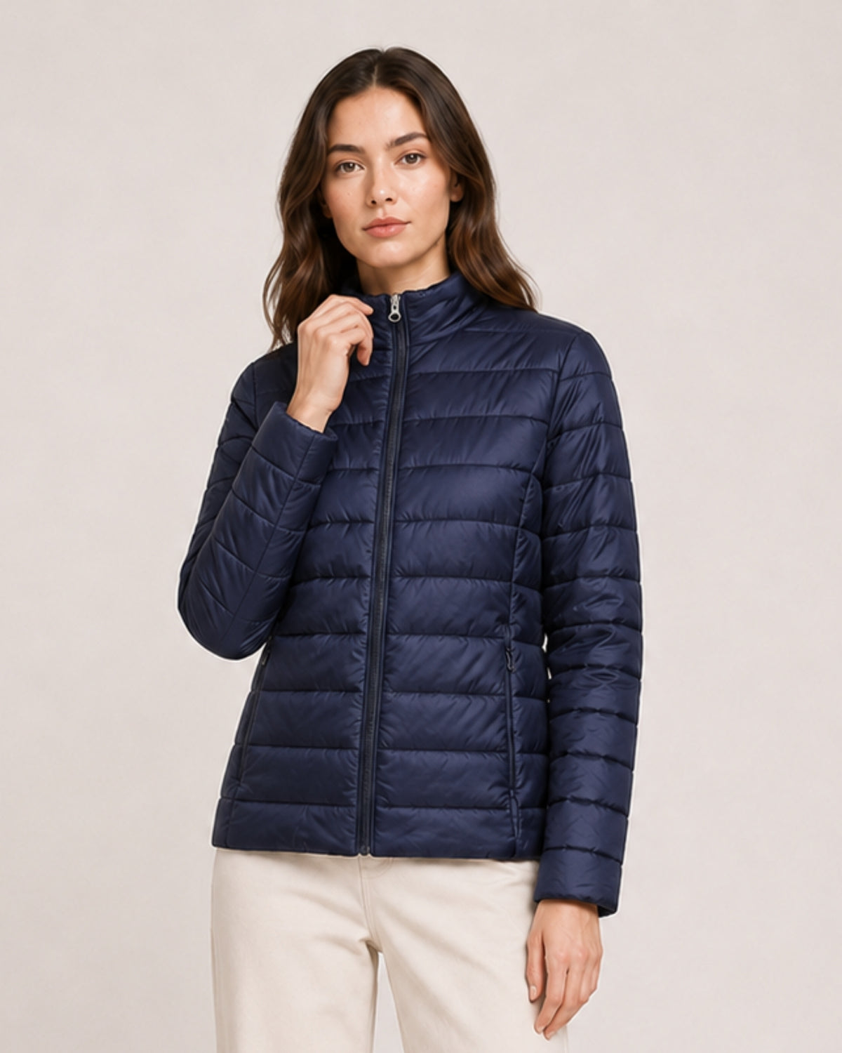 Women's Quilted Puffer Jacket with Stand Collar and Fitted Shape