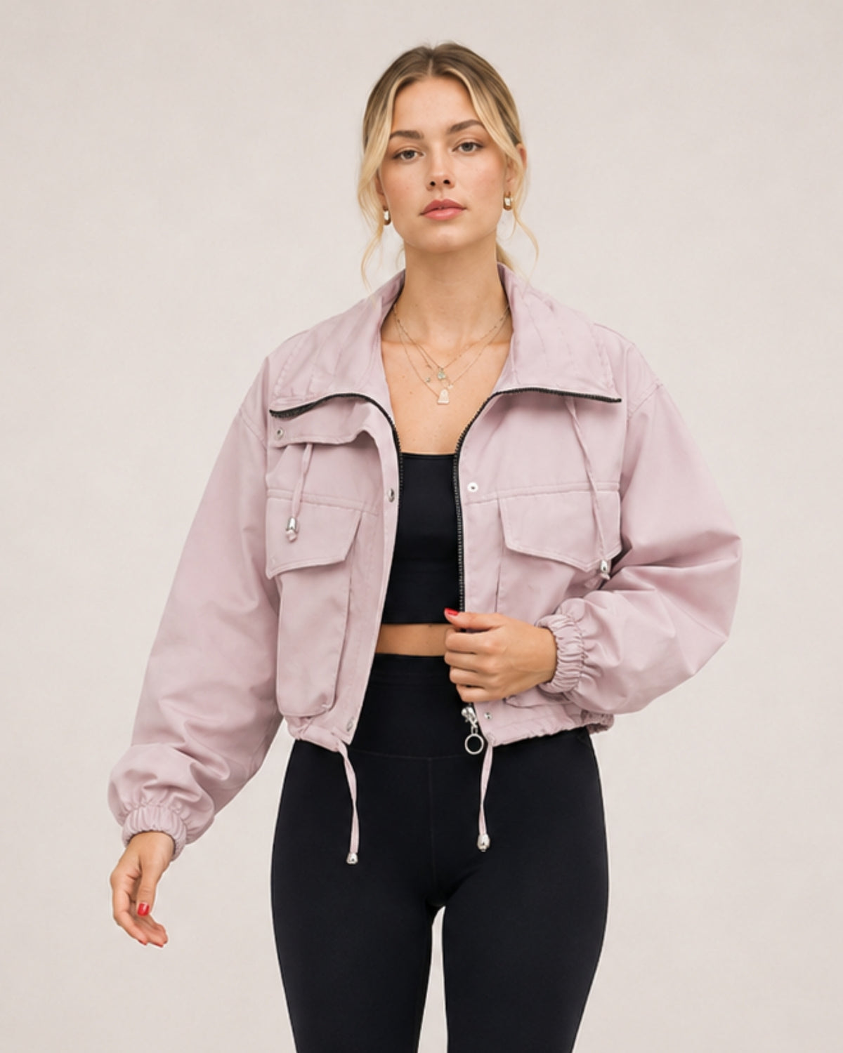 Women's Cropped Utility Jacket with Stand Collar and Chest Pockets