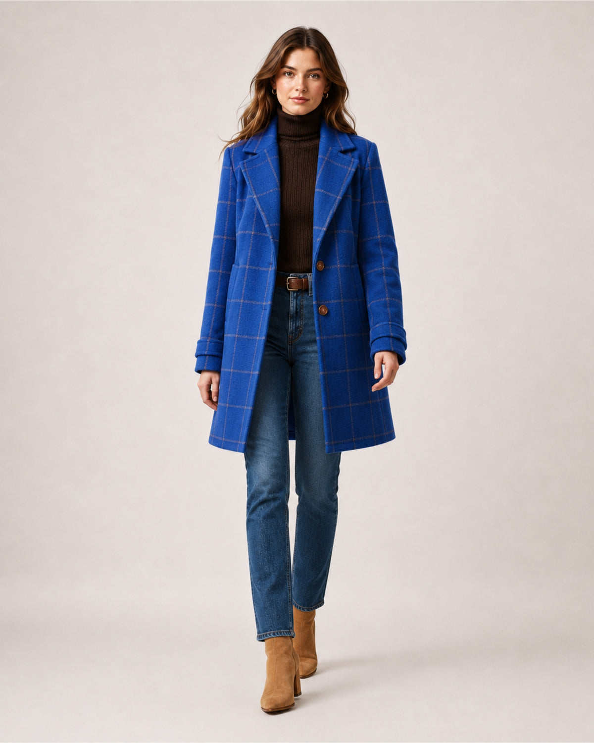 Women's Checked Coat Long Tailored Button Front Style