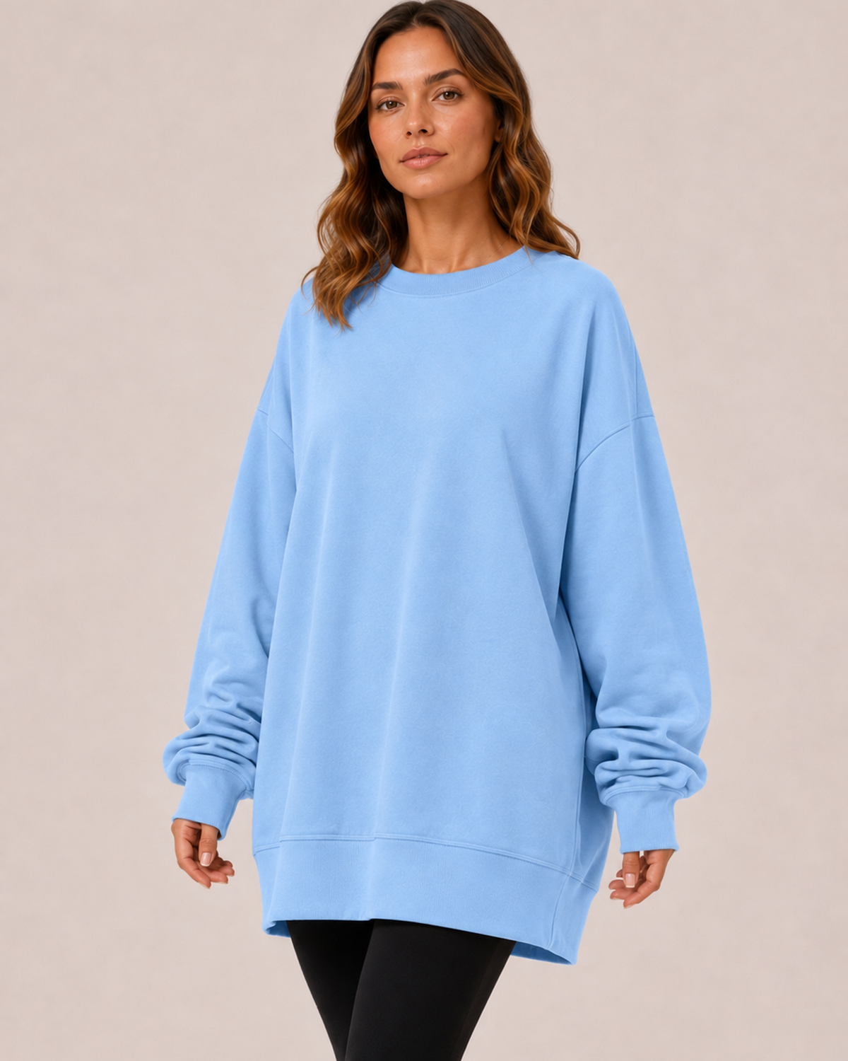 Women’s Oversized Sweatshirt with Crew Neck in Blue, three quarter body view