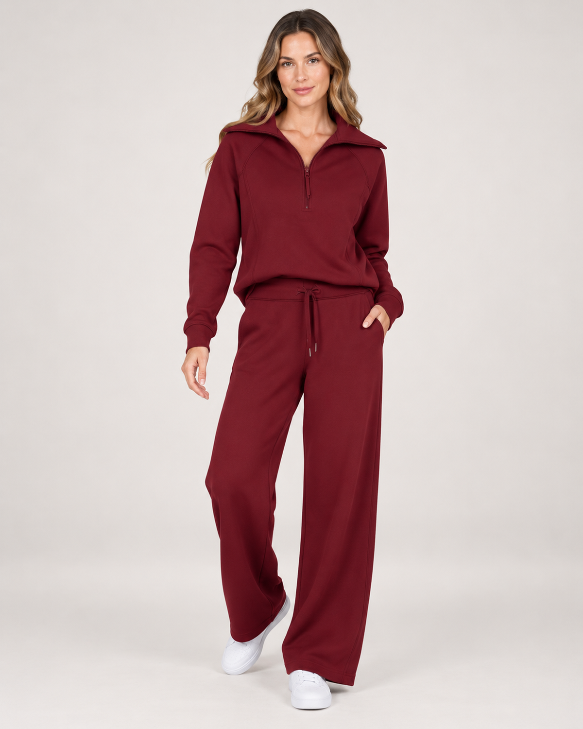 Women’s Tracksuit Set with Half-Zip Top and Wide-Leg Trousers in Burgundy, full body view