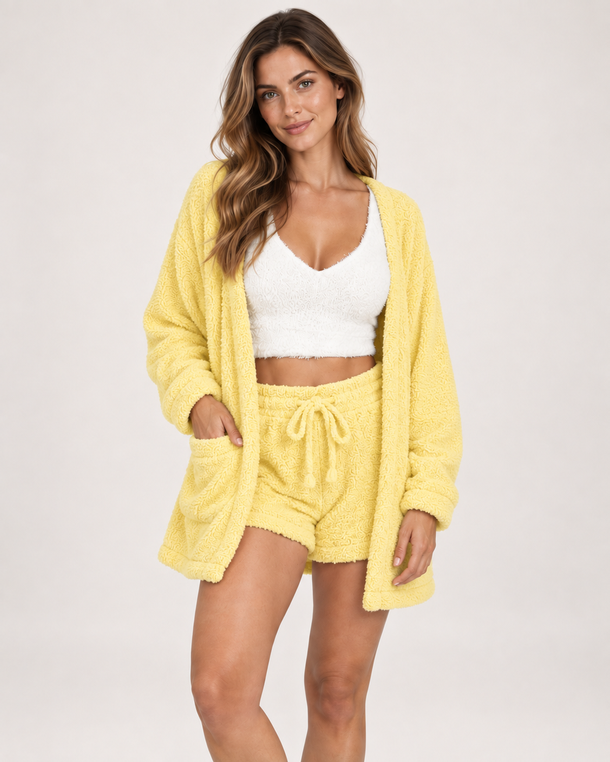 Women’s Pyjama Set with Cardigan, Vest and Shorts in Lemon Yellow, lower body product focus view