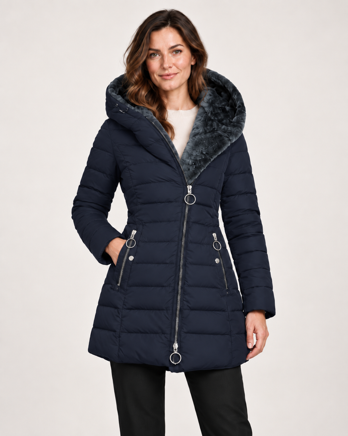 Women’s Long Puffer Jacket with Hood and Asymmetric Zip in Navy Blue, short outerwear product focus view