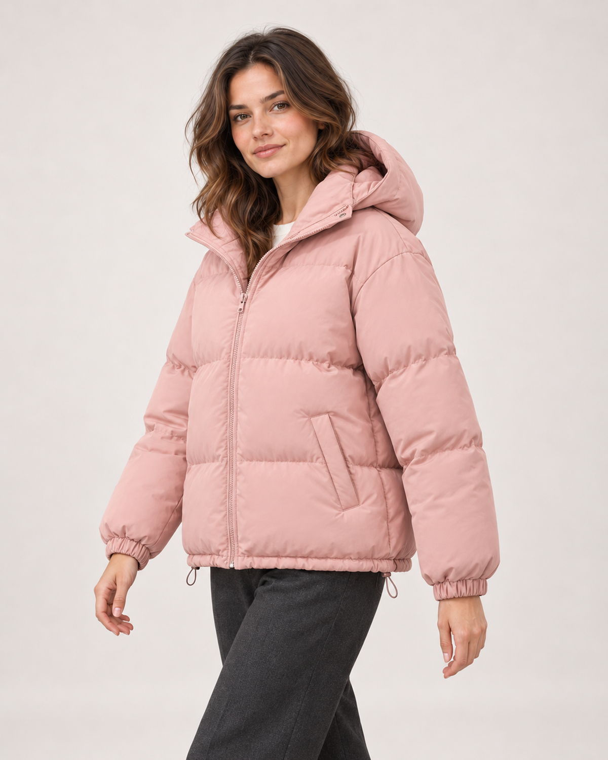 Women’s Puffer Jacket with Hood and Zip Front in Pink, short outerwear product focus view