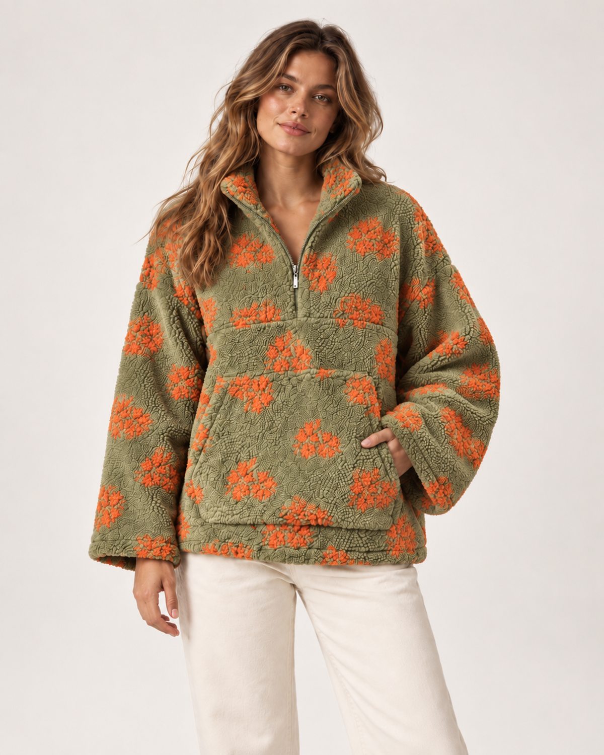 Women’s Borg Jacket with Floral Pattern and Half Zip in Sage Orange Floral, short outerwear product focus view