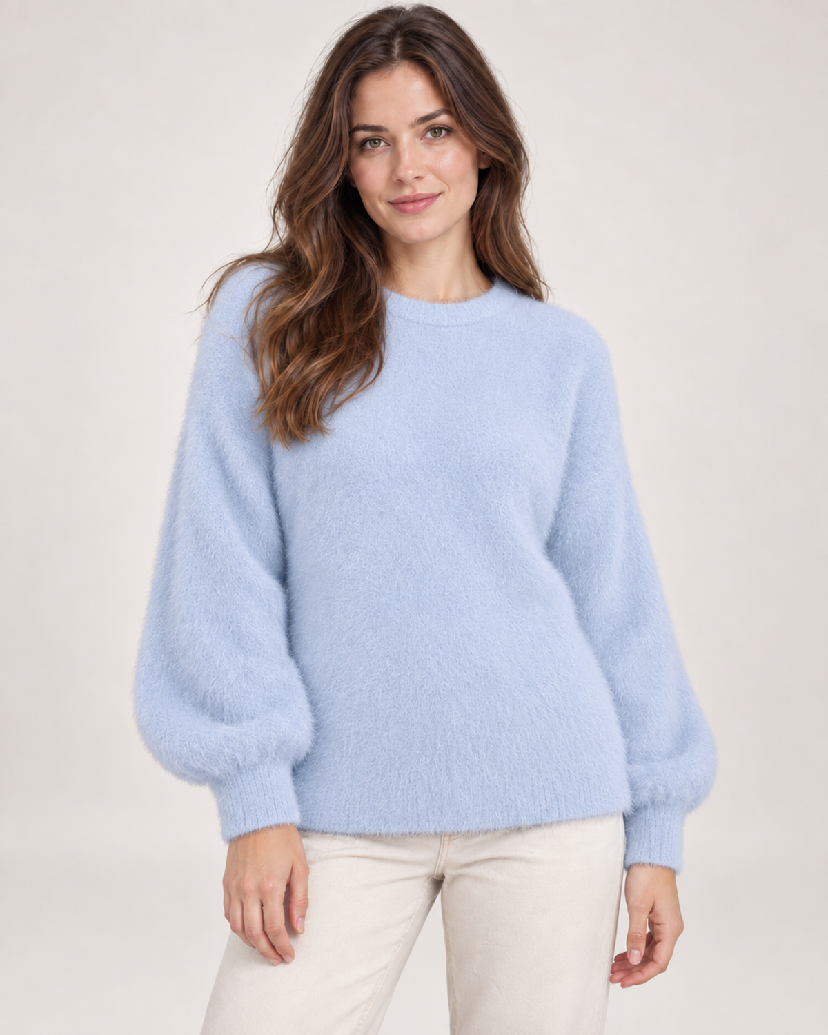 Women’s Fluffy Jumper with Crew Neck in Sky Blue, upper body product focus view