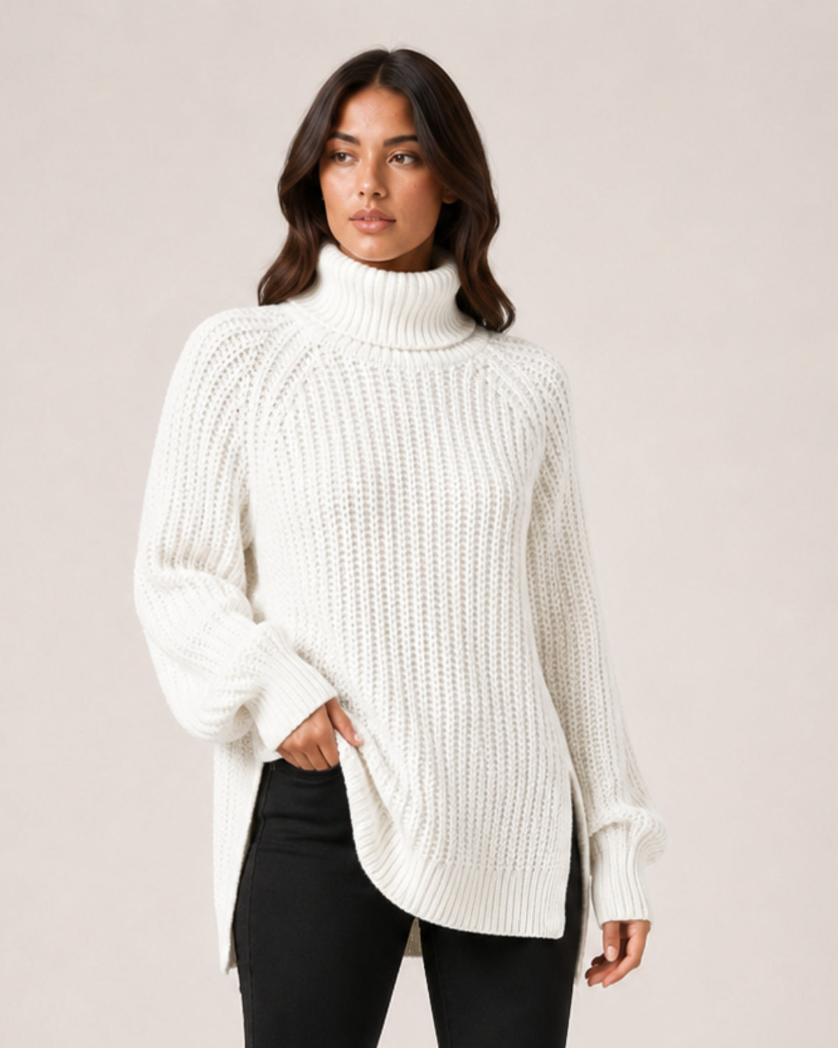 Women's Chunky Knit Roll Neck Jumper with Side Splits