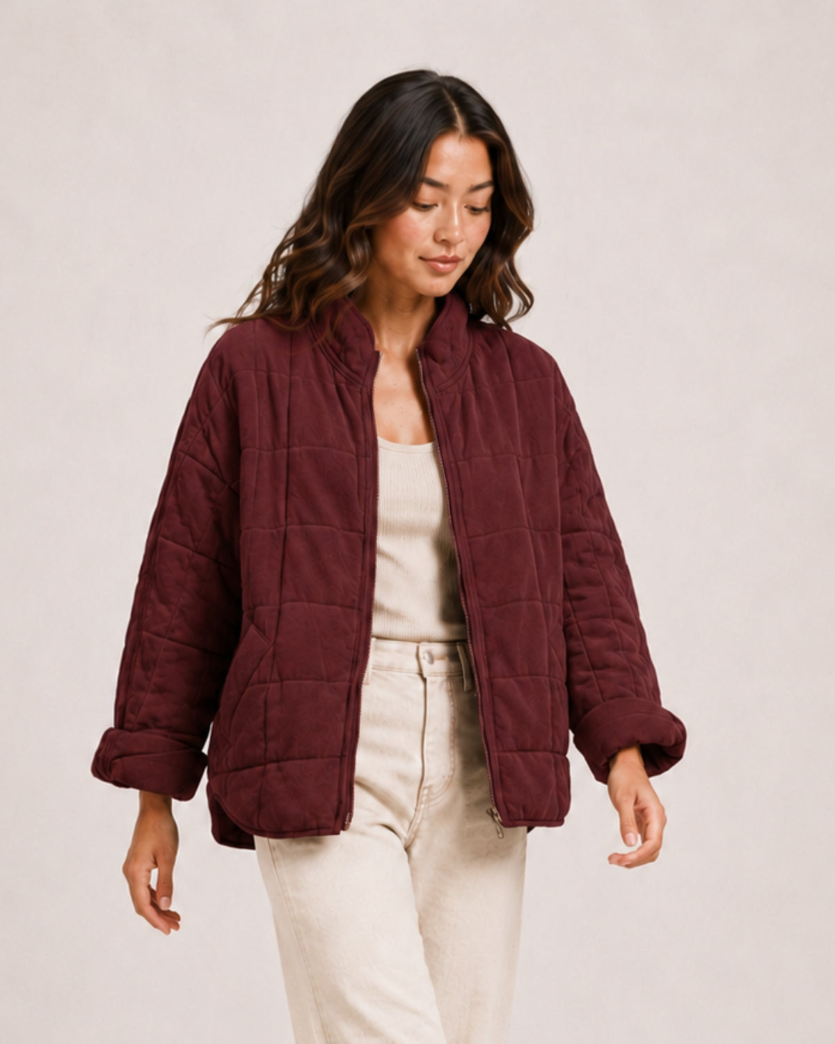 Women's Green Quilted Jacket – Relaxed Zip-Up Style