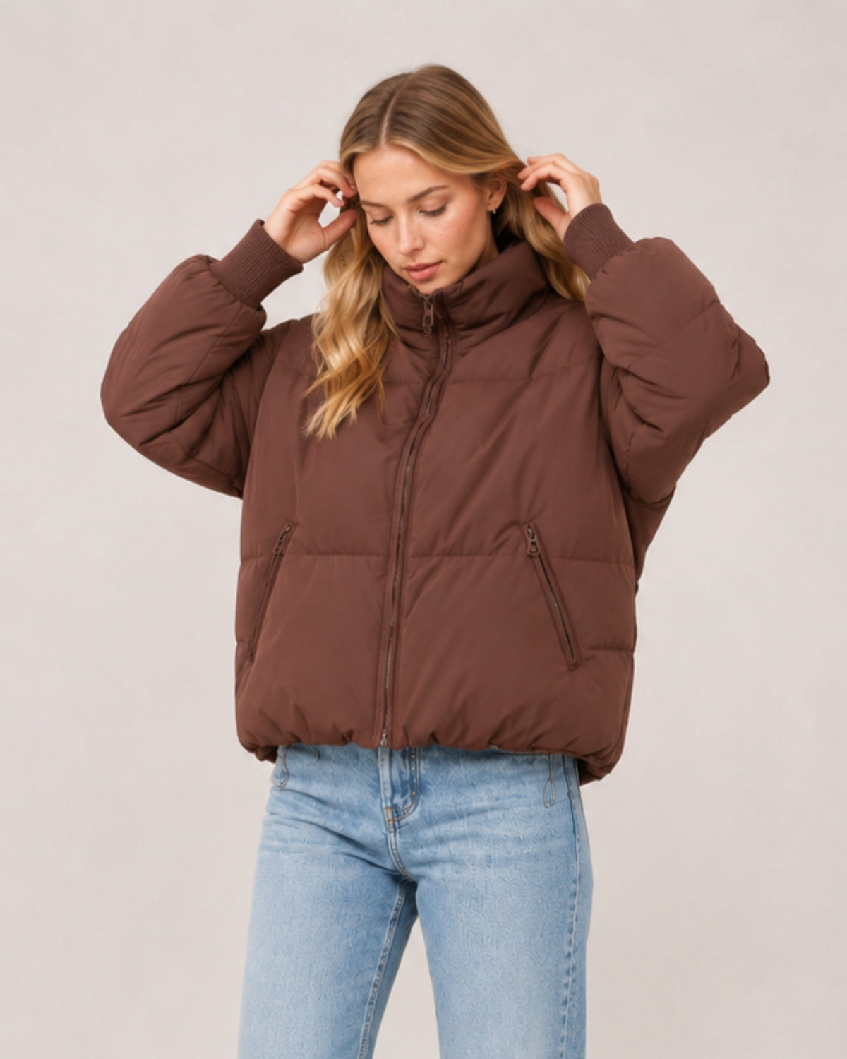Women's Cropped Puffer Jacket with High Neck and Ribbed Cuffs